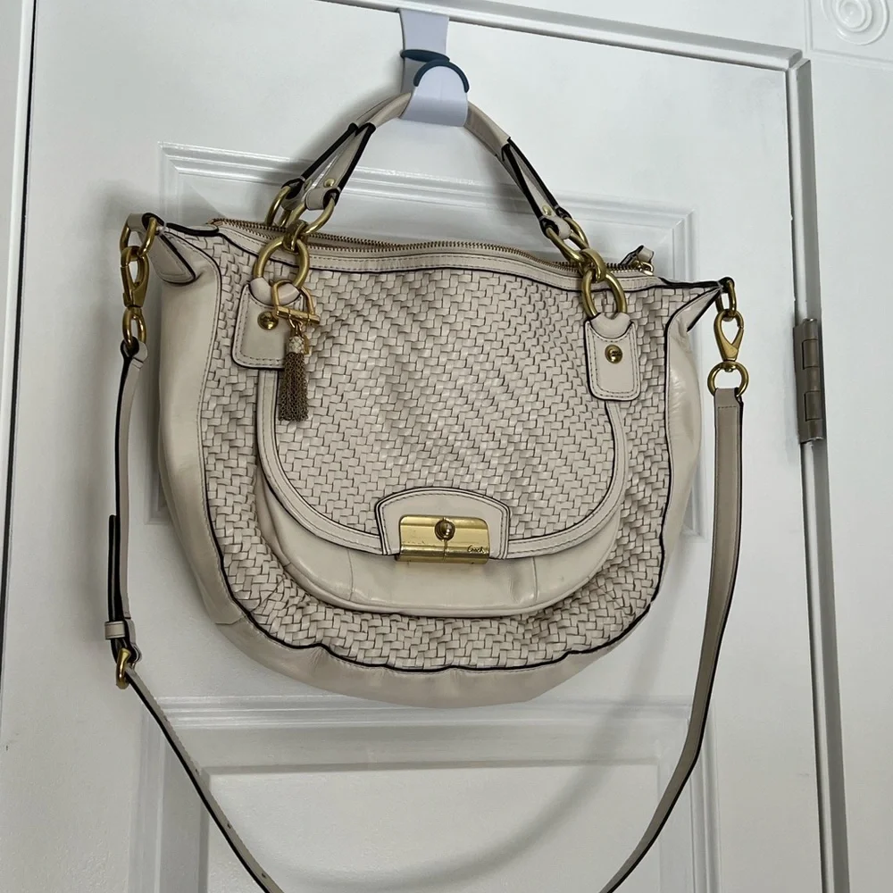Coach white beige woven leather satchel crossbody handbag purse - Picture 1 of 7